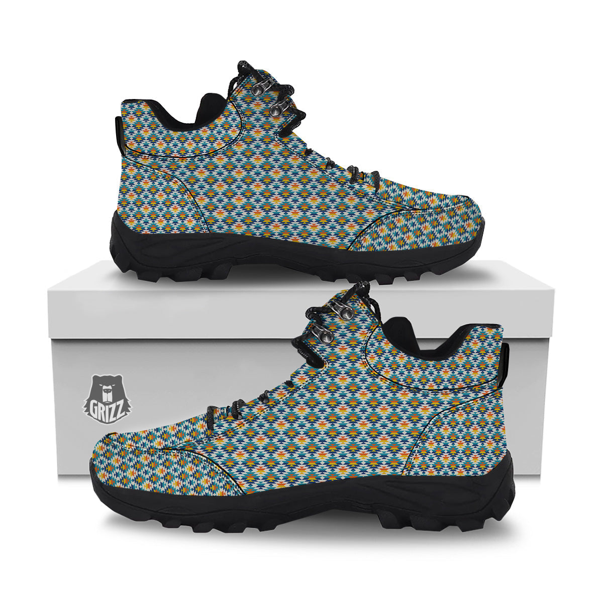 Southwestern Orange And Blue Print Hiking Shoes-grizzshop