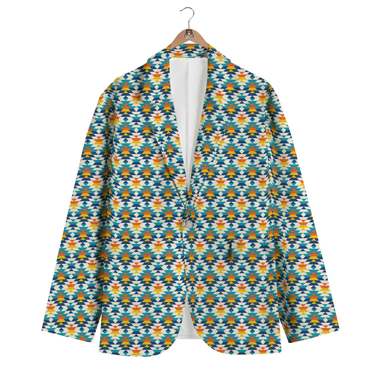 Southwestern Orange And Blue Print Men's Blazer-grizzshop