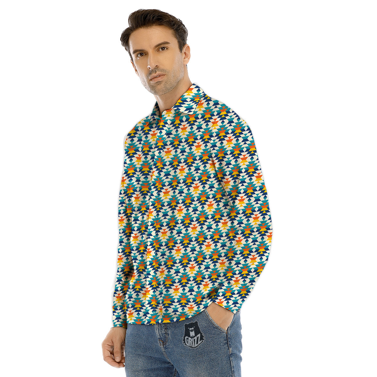 Southwestern Orange And Blue Print Men's Dress Shirts-grizzshop