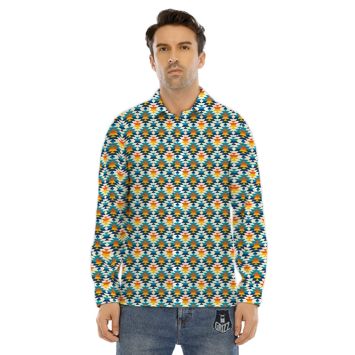 Southwestern Orange And Blue Print Men's Dress Shirts-grizzshop