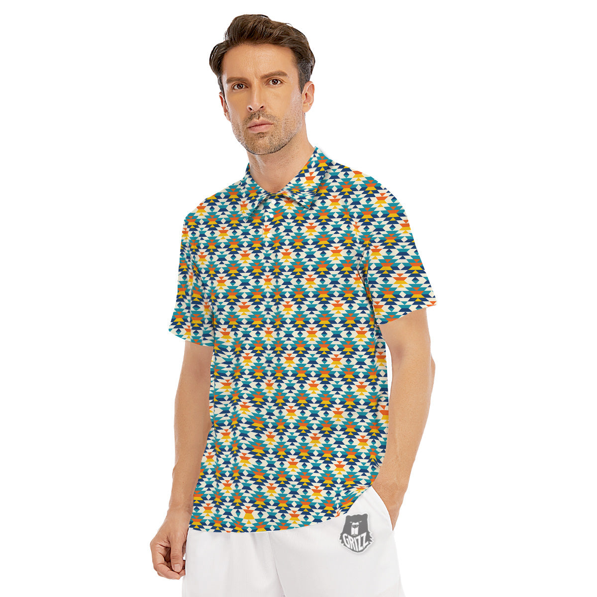 Southwestern Orange And Blue Print Men's Golf Shirts-grizzshop