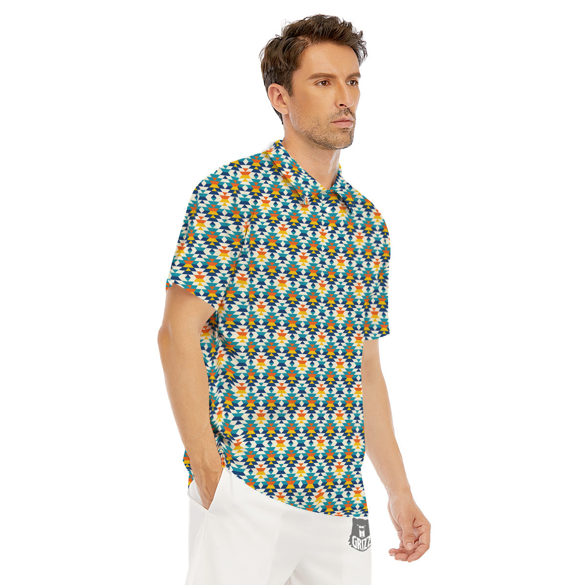 Southwestern Orange And Blue Print Men's Golf Shirts-grizzshop
