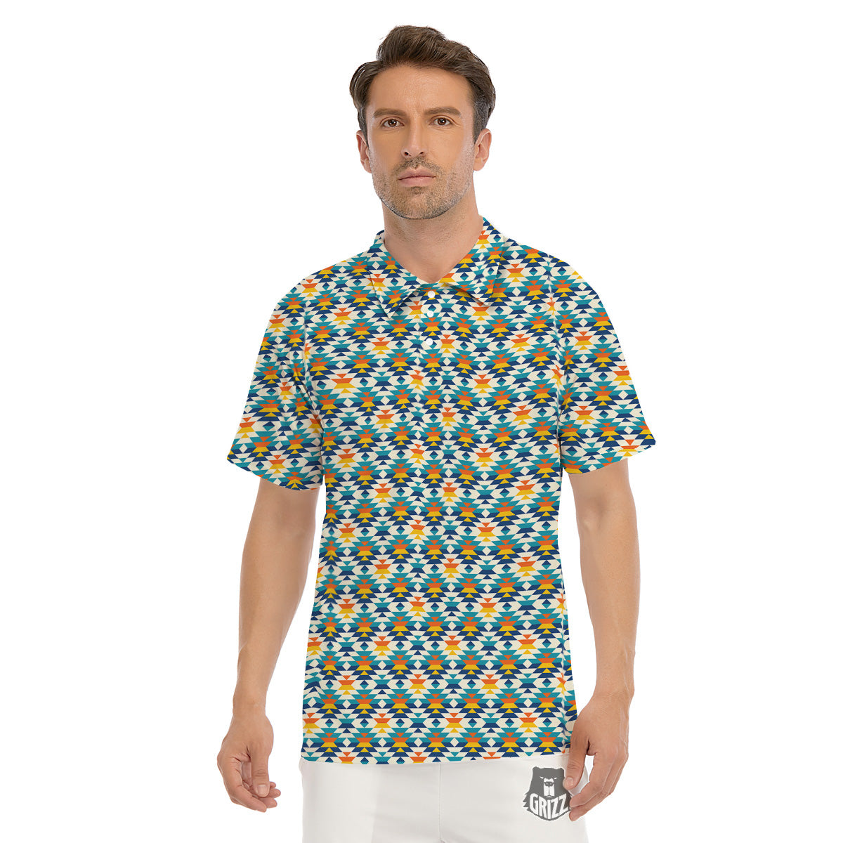 Southwestern Orange And Blue Print Men's Golf Shirts-grizzshop