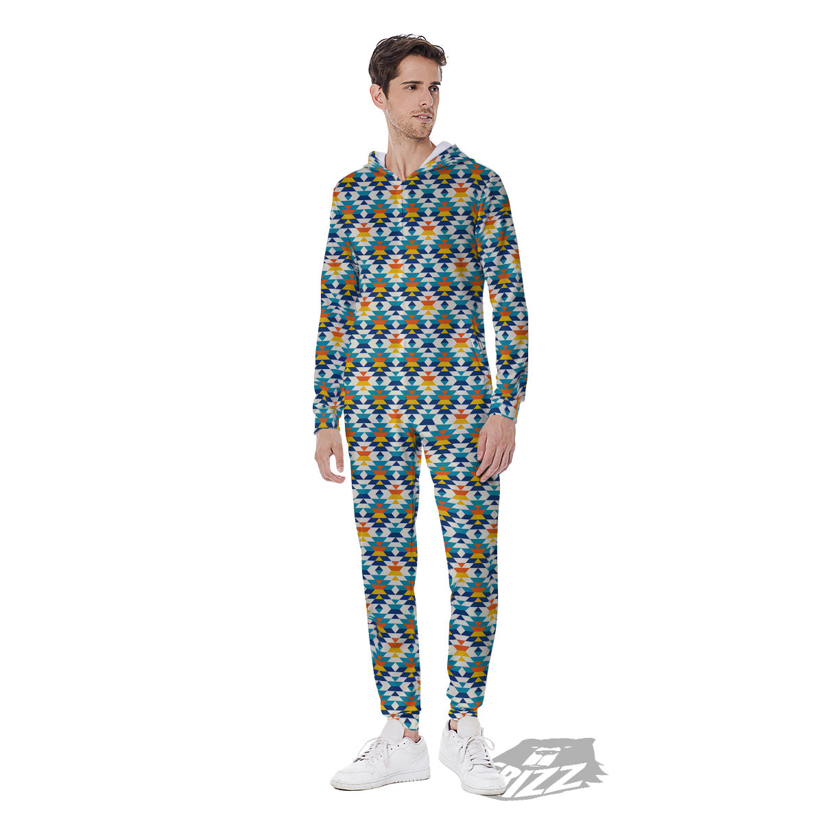 Southwestern Orange And Blue Print Men's Jumpsuit-grizzshop