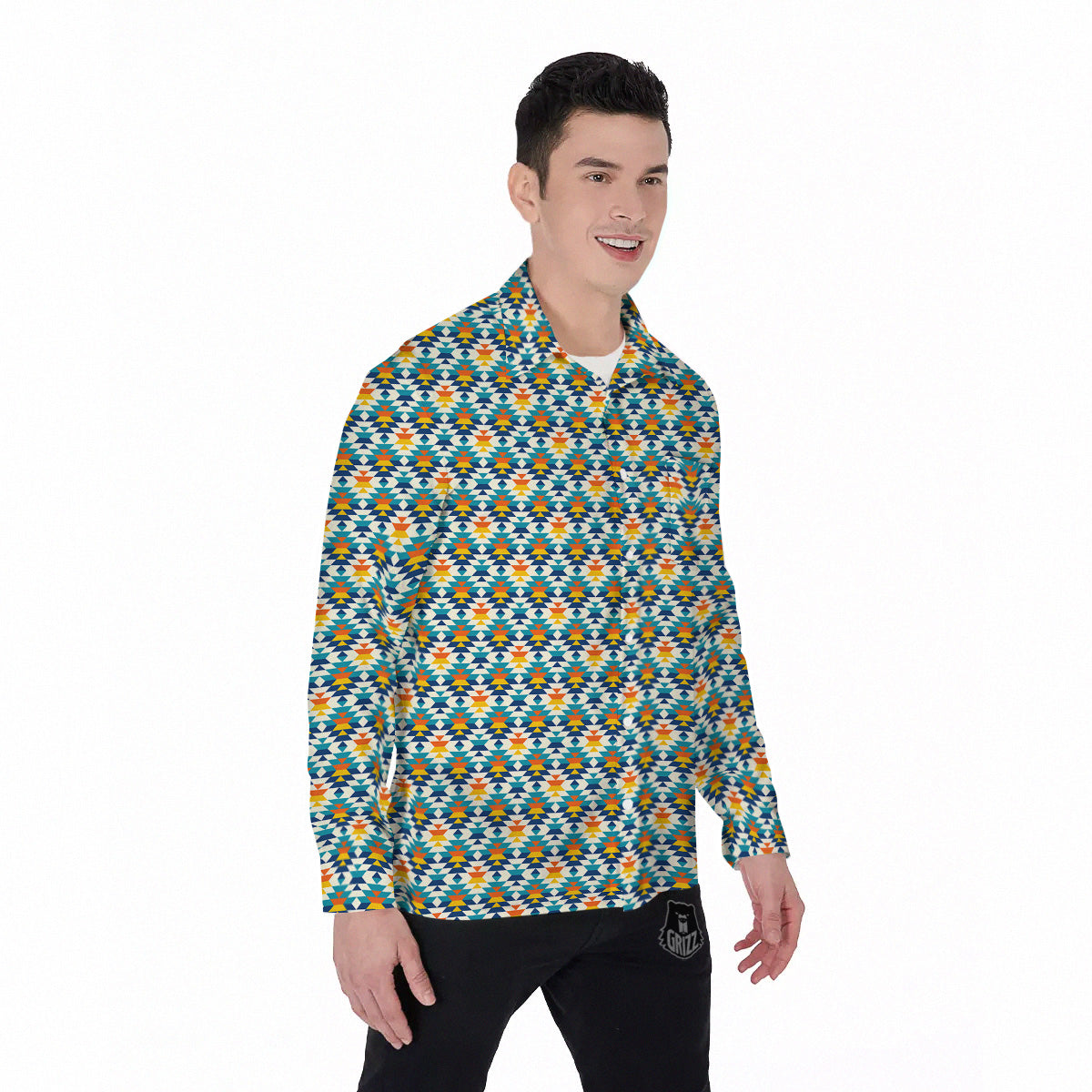 Southwestern Orange And Blue Print Men's Long Sleeve Shirts-grizzshop