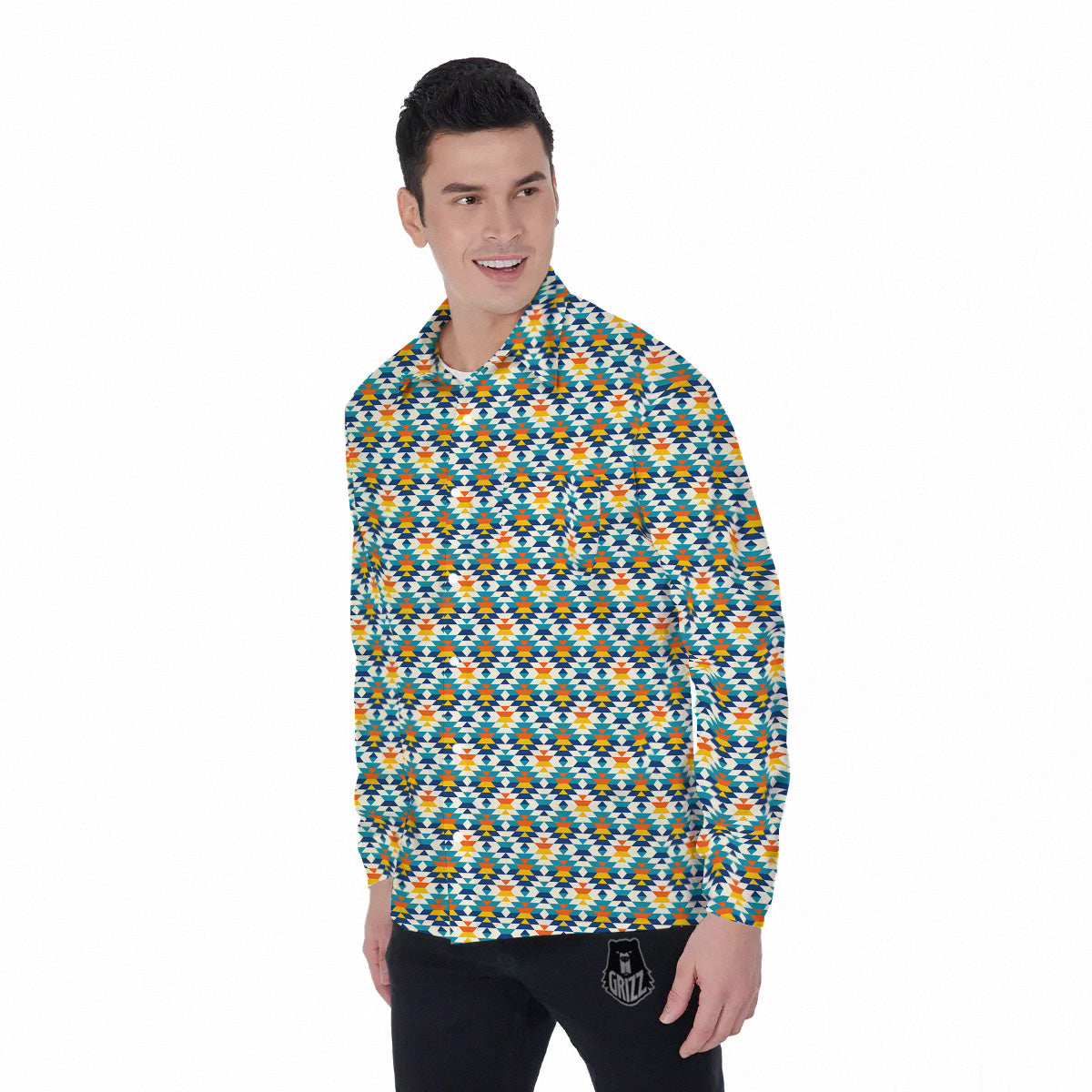 Southwestern Orange And Blue Print Men's Long Sleeve Shirts-grizzshop