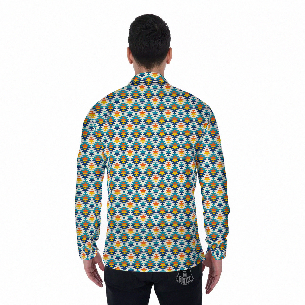 Southwestern Orange And Blue Print Men's Long Sleeve Shirts-grizzshop