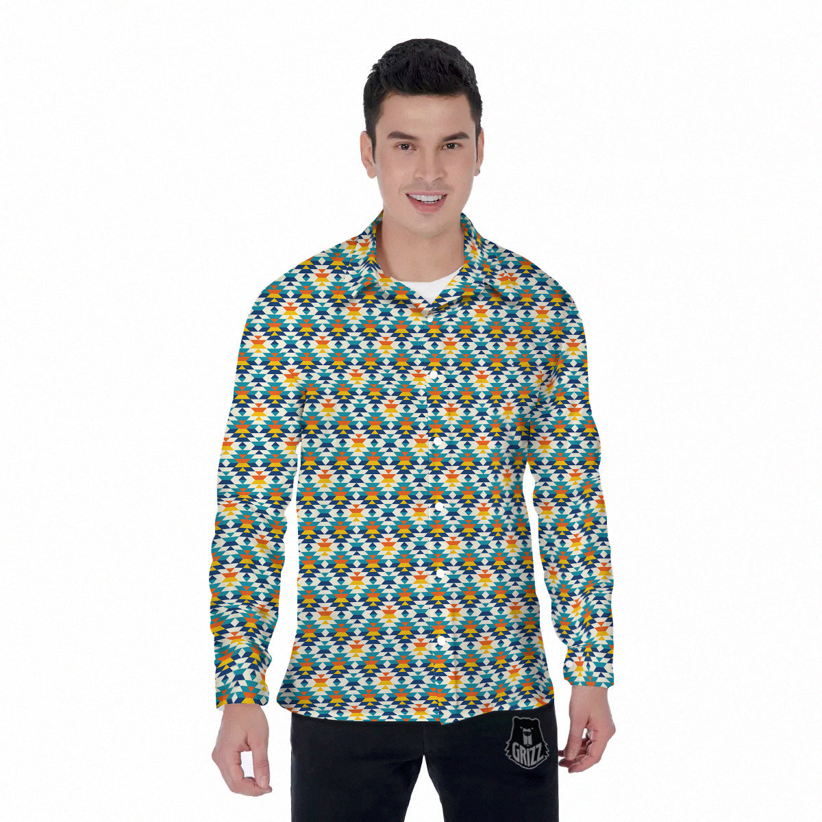Southwestern Orange And Blue Print Men's Long Sleeve Shirts-grizzshop