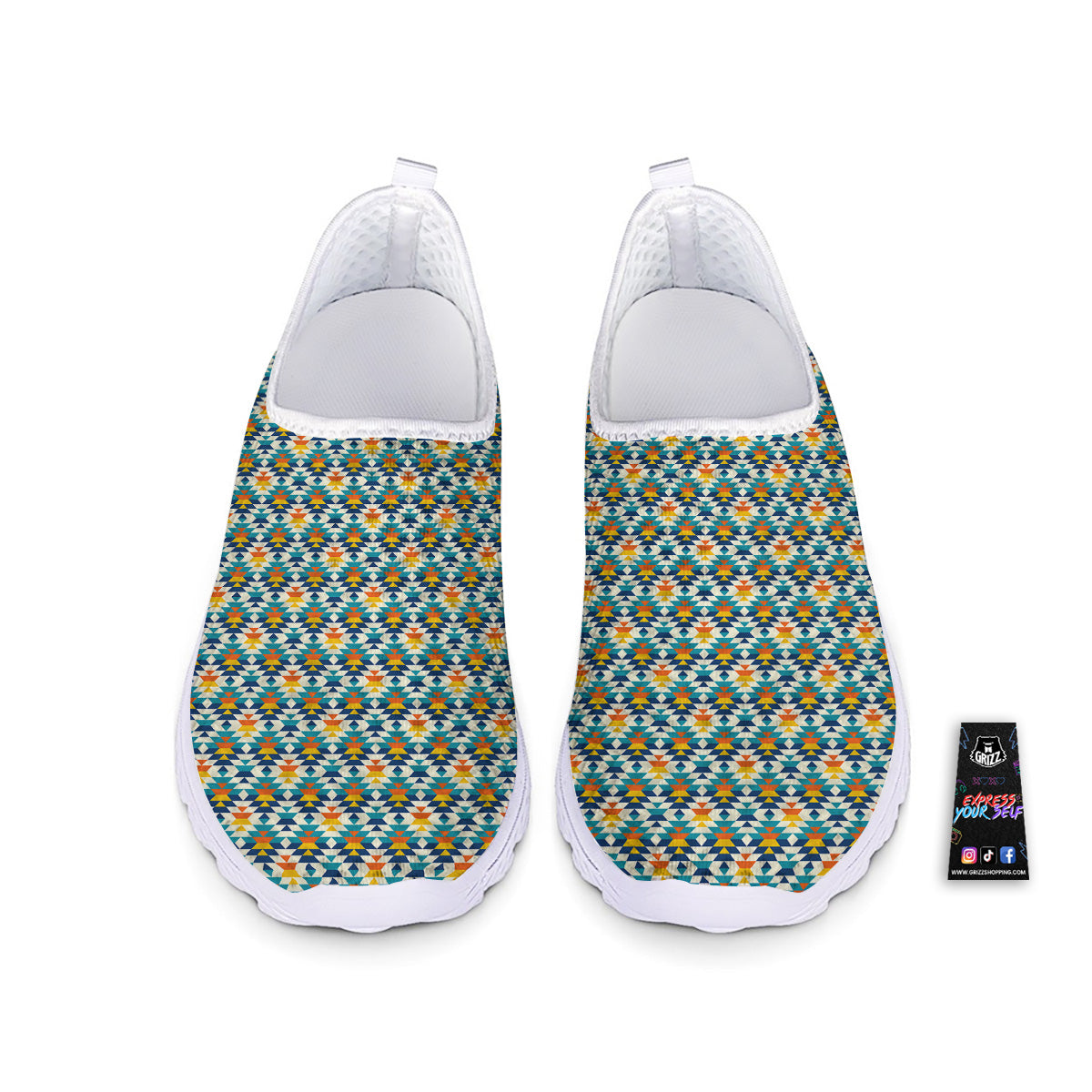 Southwestern Orange And Blue Print Nurse Shoes-grizzshop
