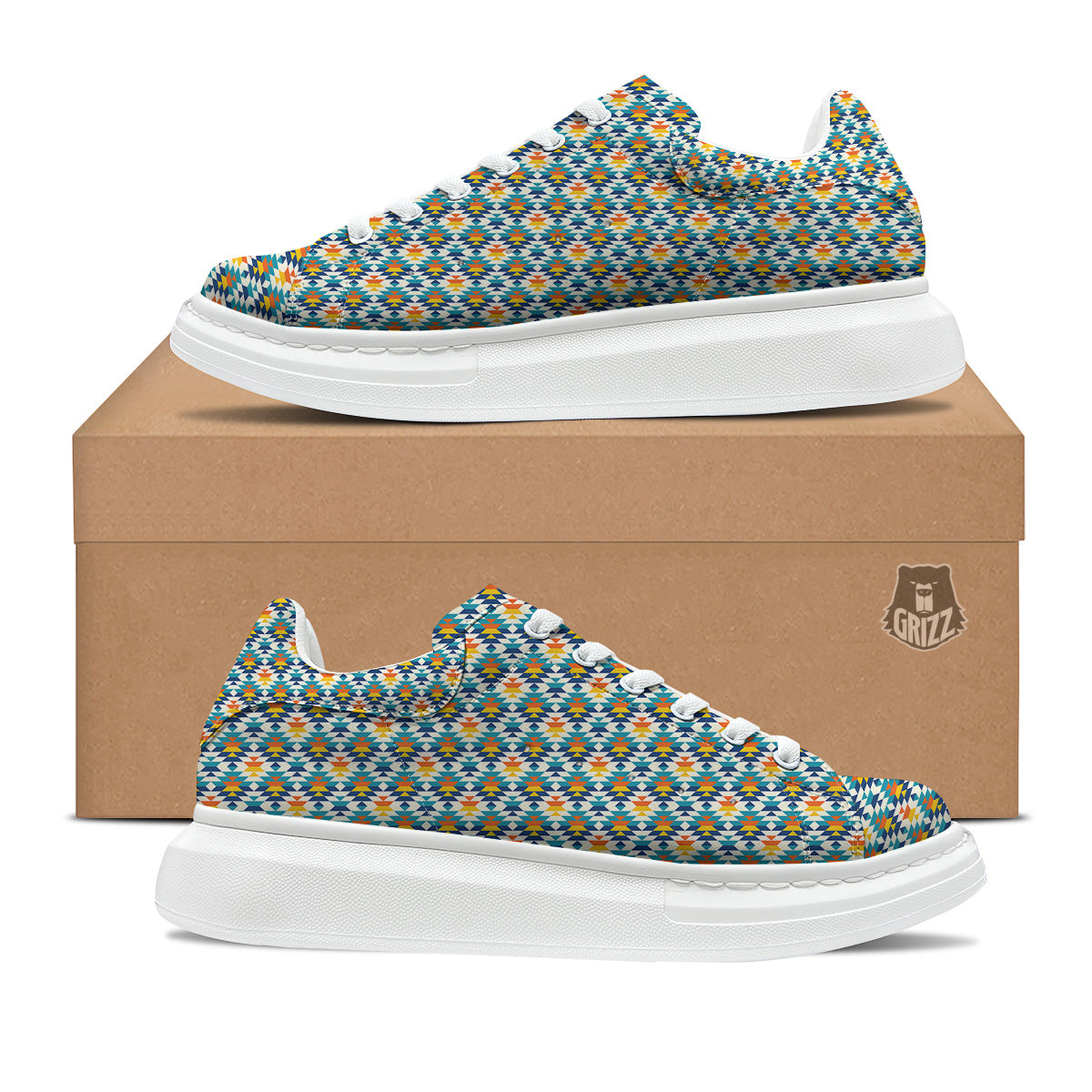 Southwestern Orange And Blue Print Platform Shoes-grizzshop