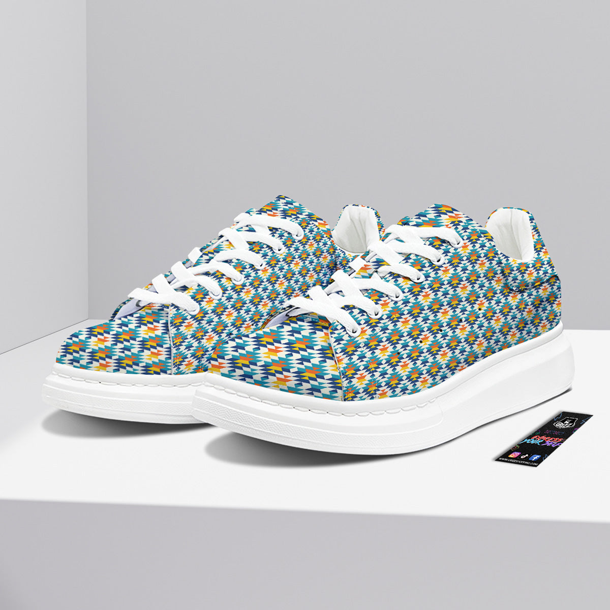 Southwestern Orange And Blue Print Platform Shoes-grizzshop