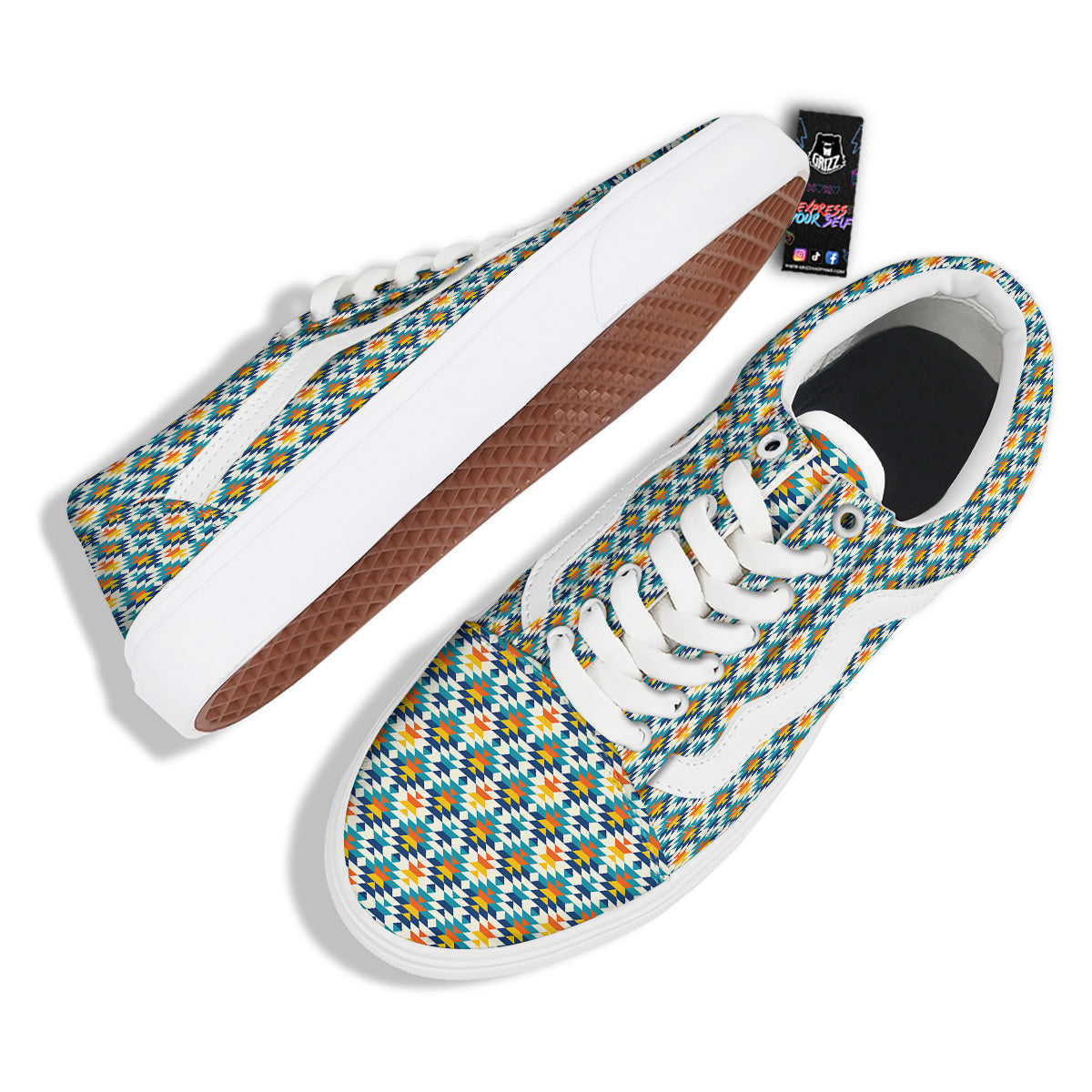 Southwestern Orange And Blue Print Skate Shoes-grizzshop