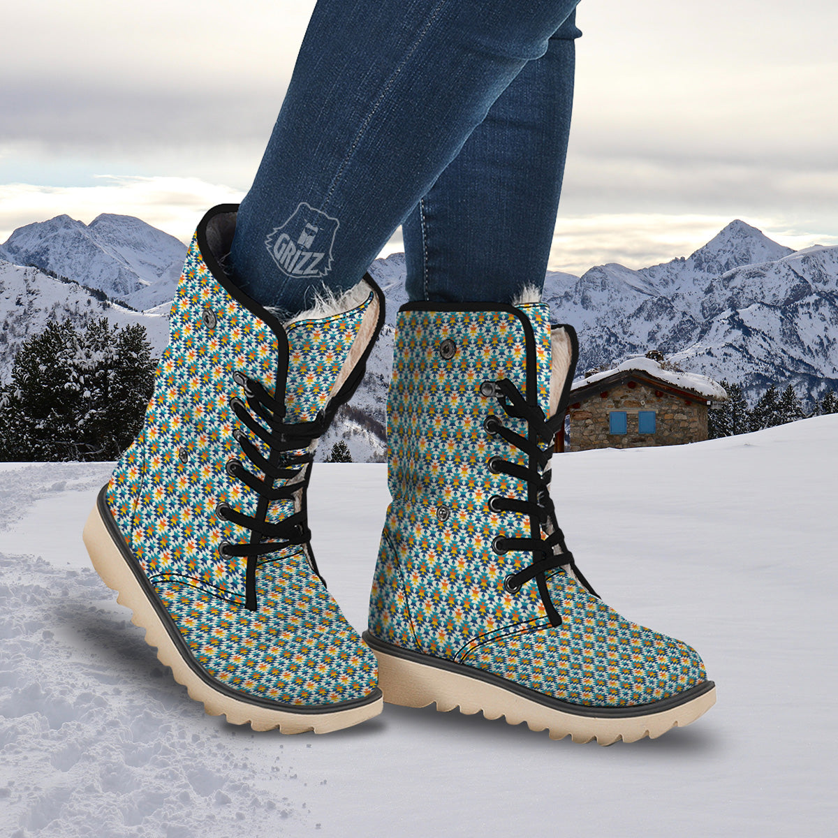 Southwestern Orange And Blue Print Snow Boots-grizzshop
