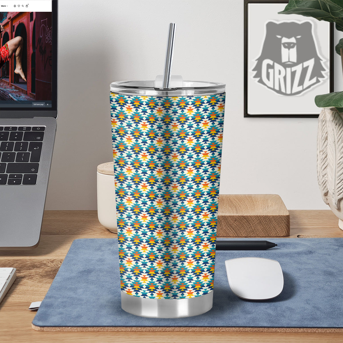 Southwestern Orange And Blue Print Tumbler-grizzshop