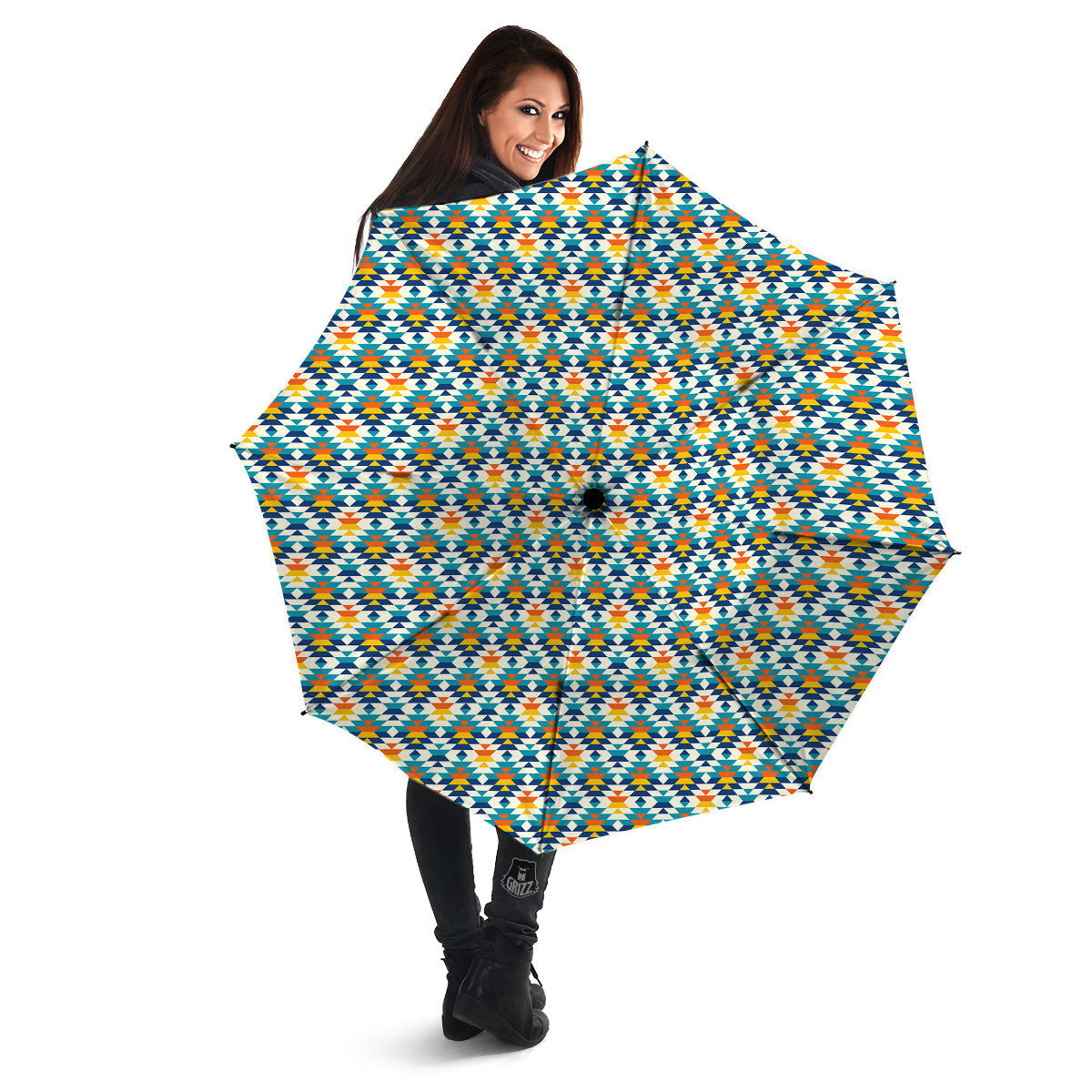 Southwestern Orange And Blue Print Umbrella-grizzshop