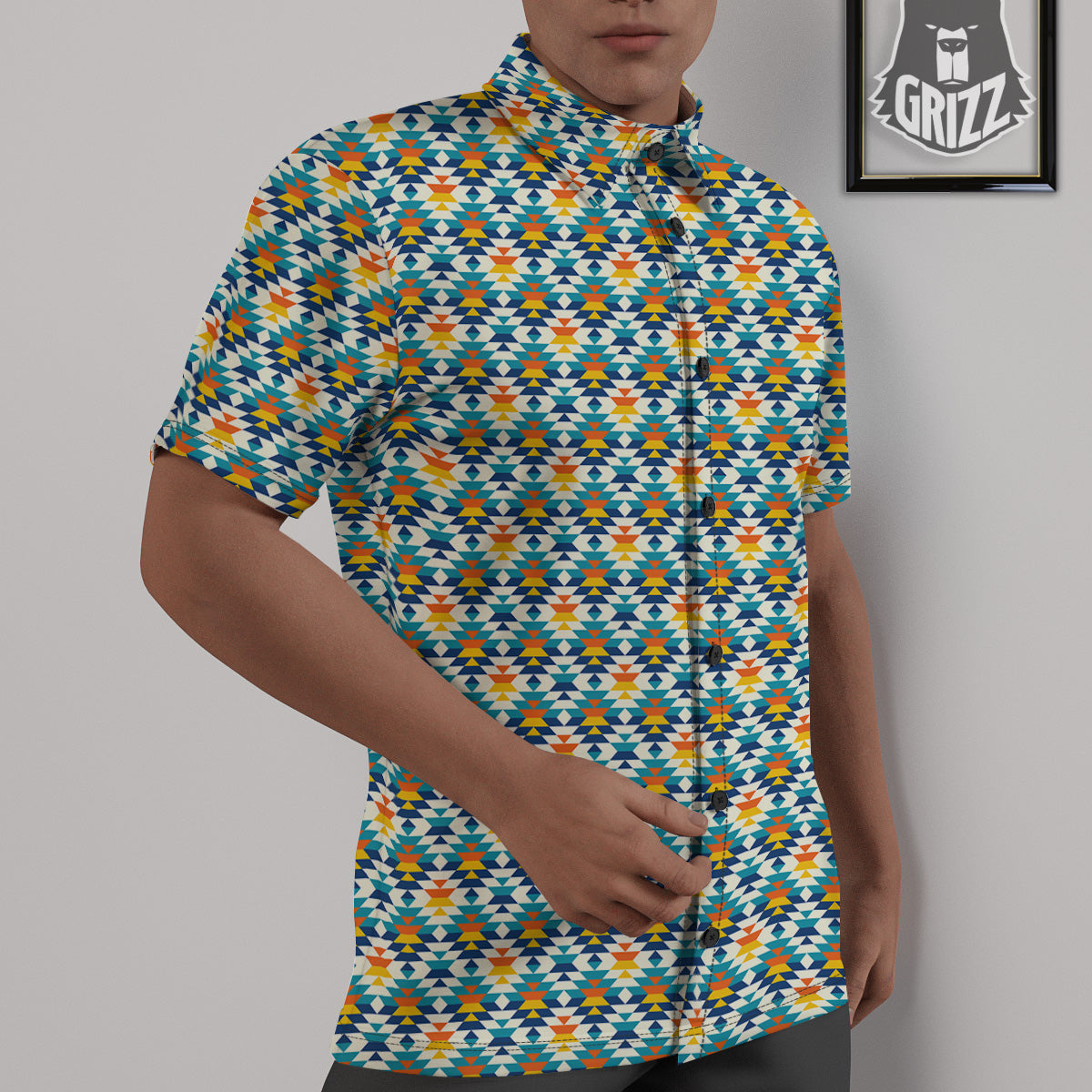 Southwestern Orange And Blue Print Untucked Shirts-grizzshop