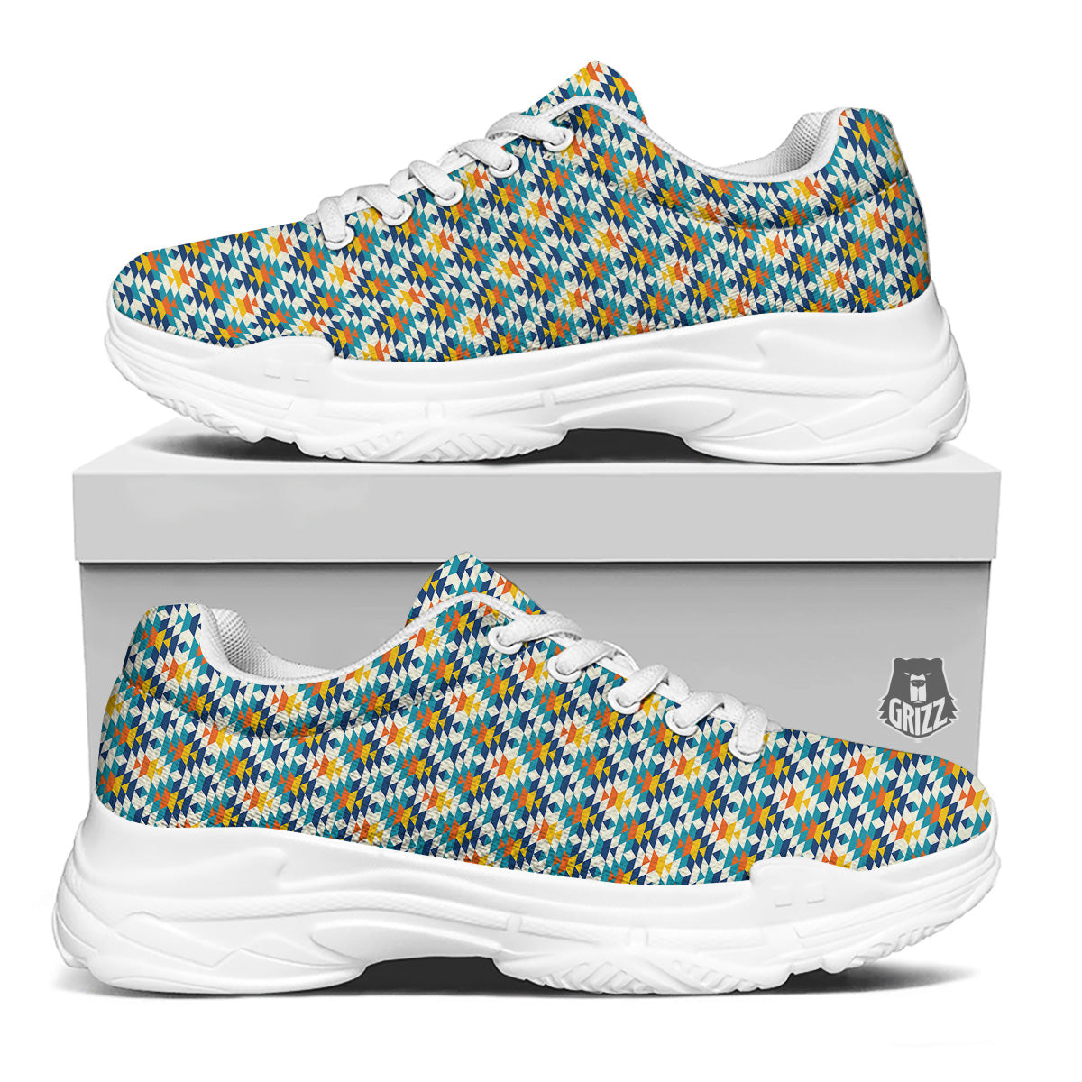 Southwestern Orange And Blue Print White Chunky Shoes-grizzshop