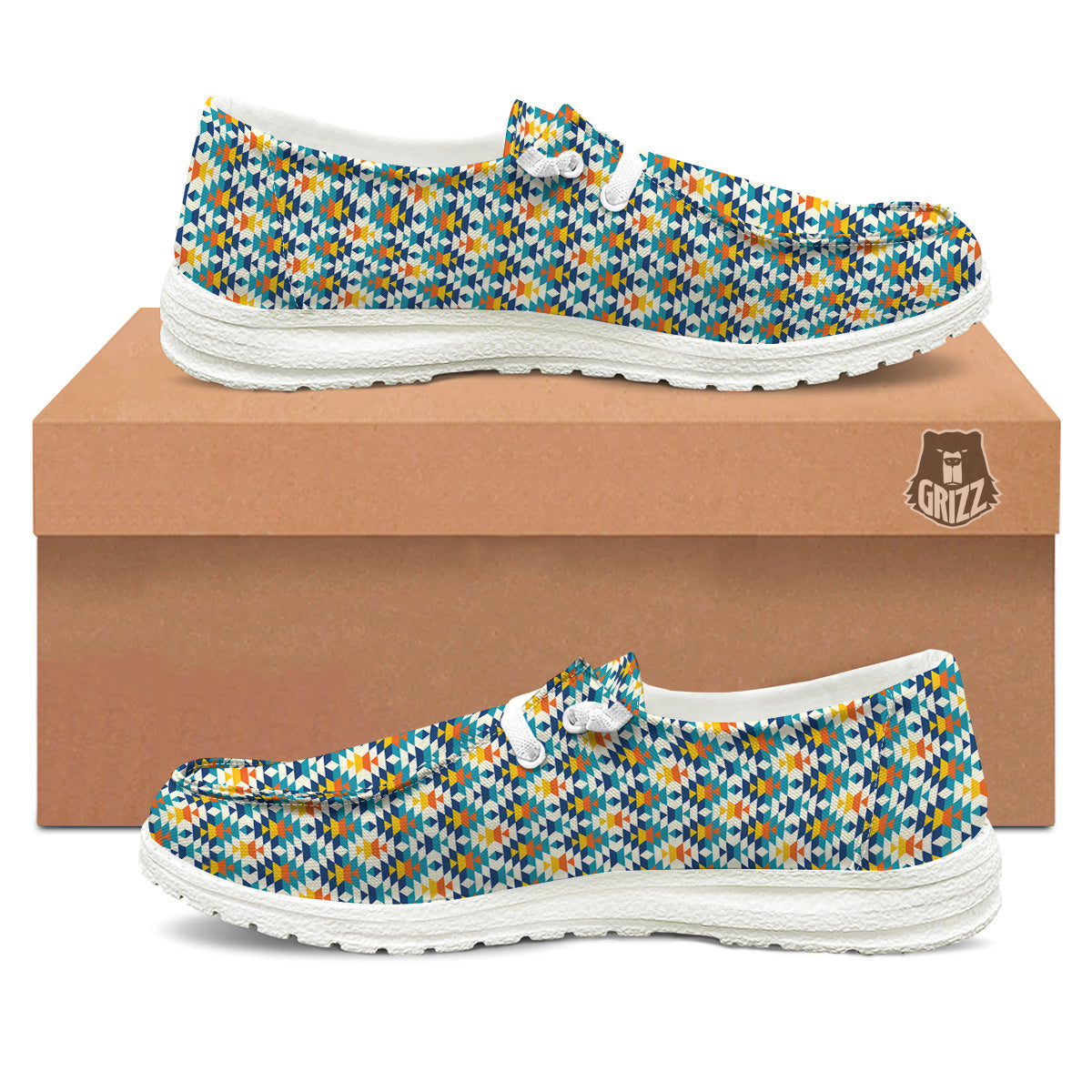 Southwestern Orange And Blue Print White Loafers-grizzshop