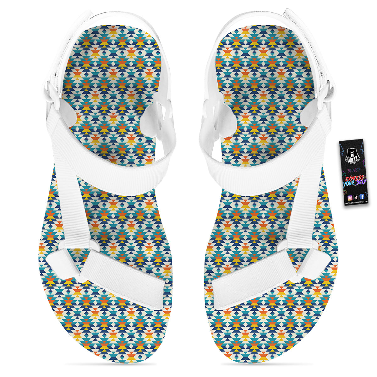 Southwestern Orange And Blue Print White Open Toe Sandals-grizzshop