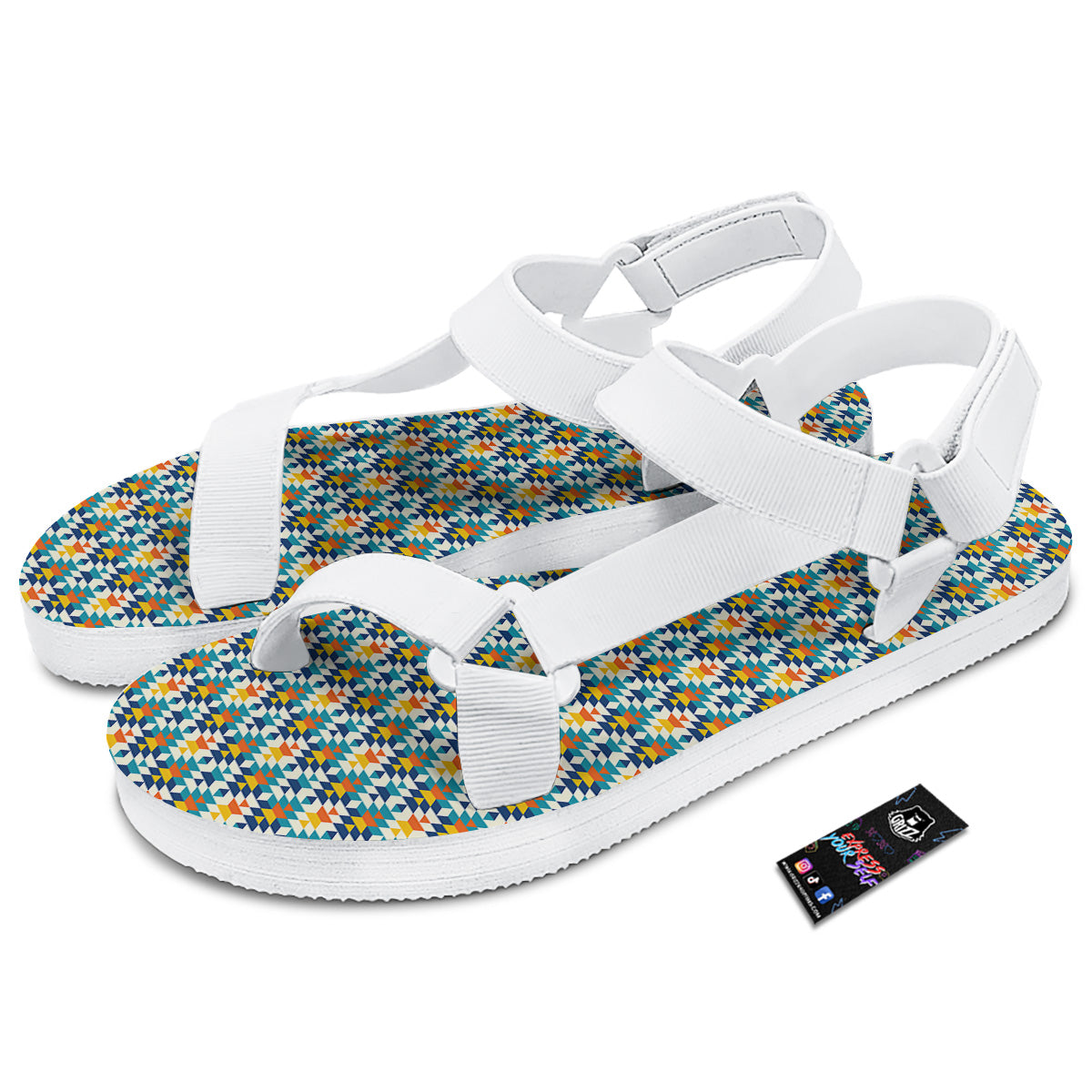 Southwestern Orange And Blue Print White Open Toe Sandals-grizzshop