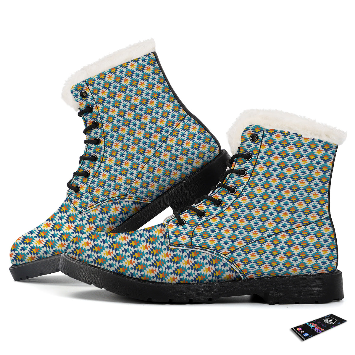 Southwestern Orange And Blue Print Winter Boots-grizzshop