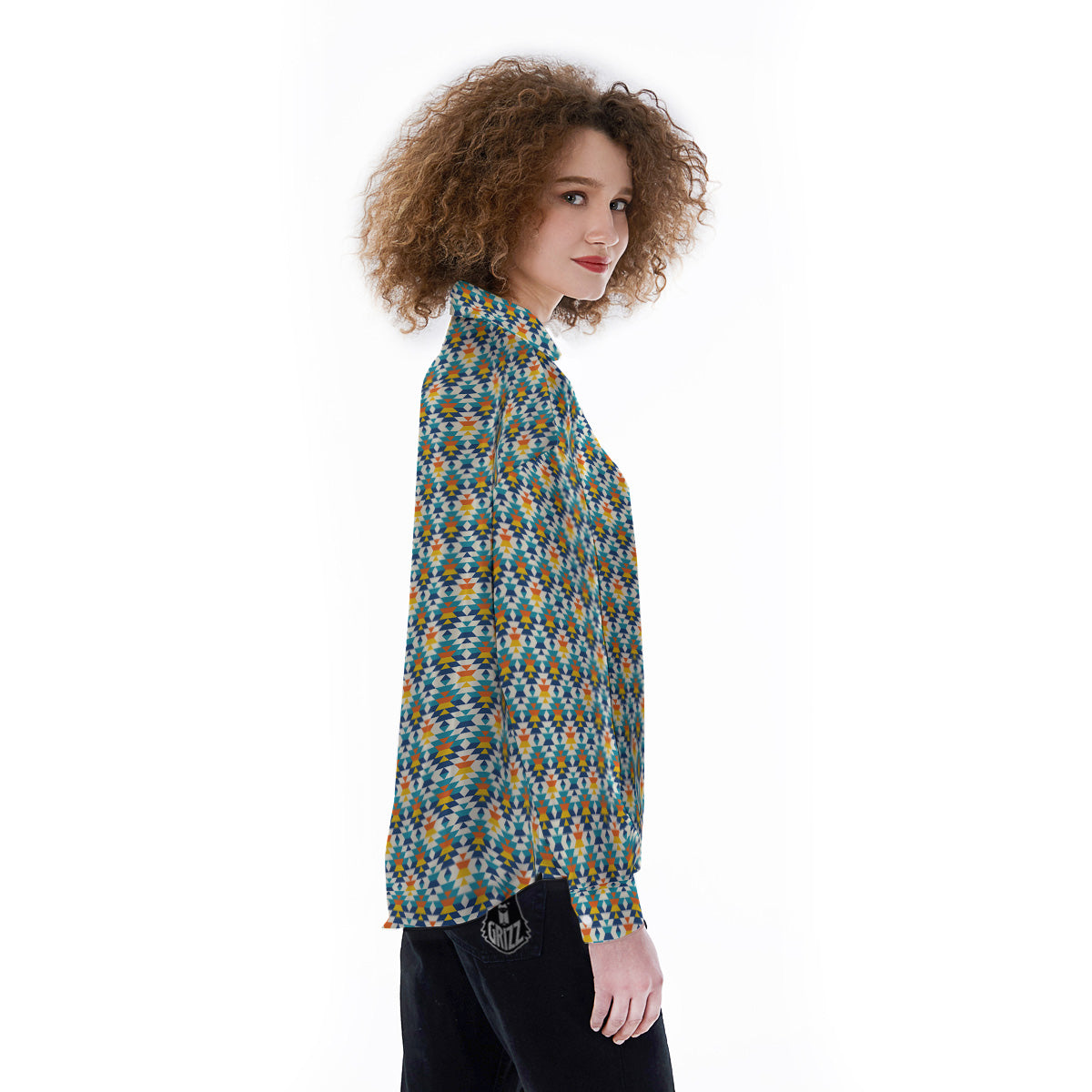 Southwestern Orange And Blue Print Women's Long Sleeve Shirts-grizzshop