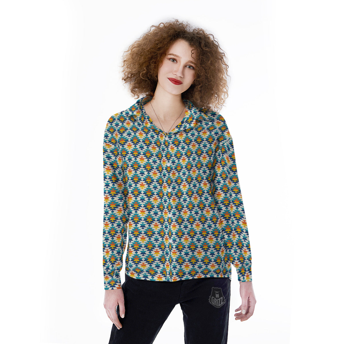 Southwestern Orange And Blue Print Women's Long Sleeve Shirts-grizzshop