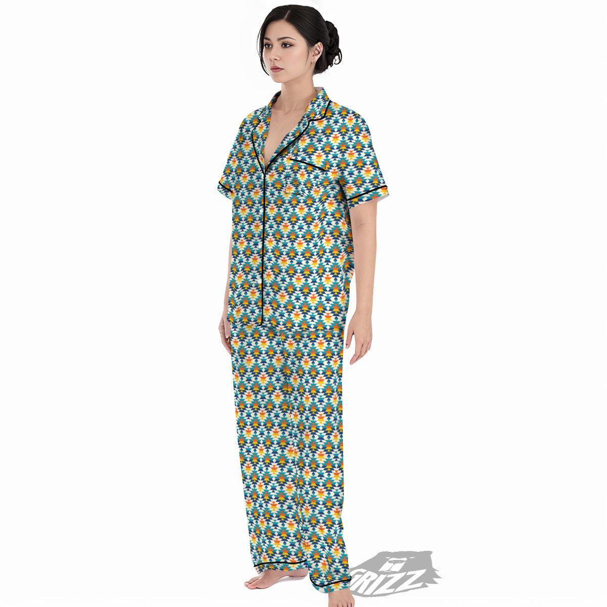 Southwestern Orange And Blue Print Women's Pajamas Set-grizzshop