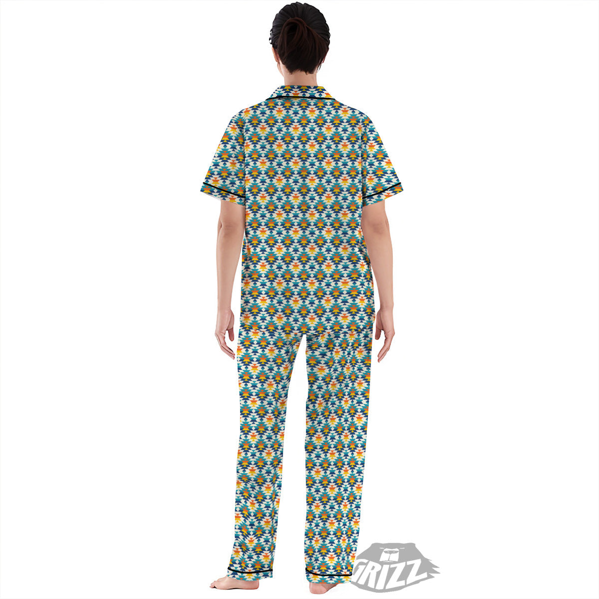 Southwestern Orange And Blue Print Women's Pajamas Set-grizzshop