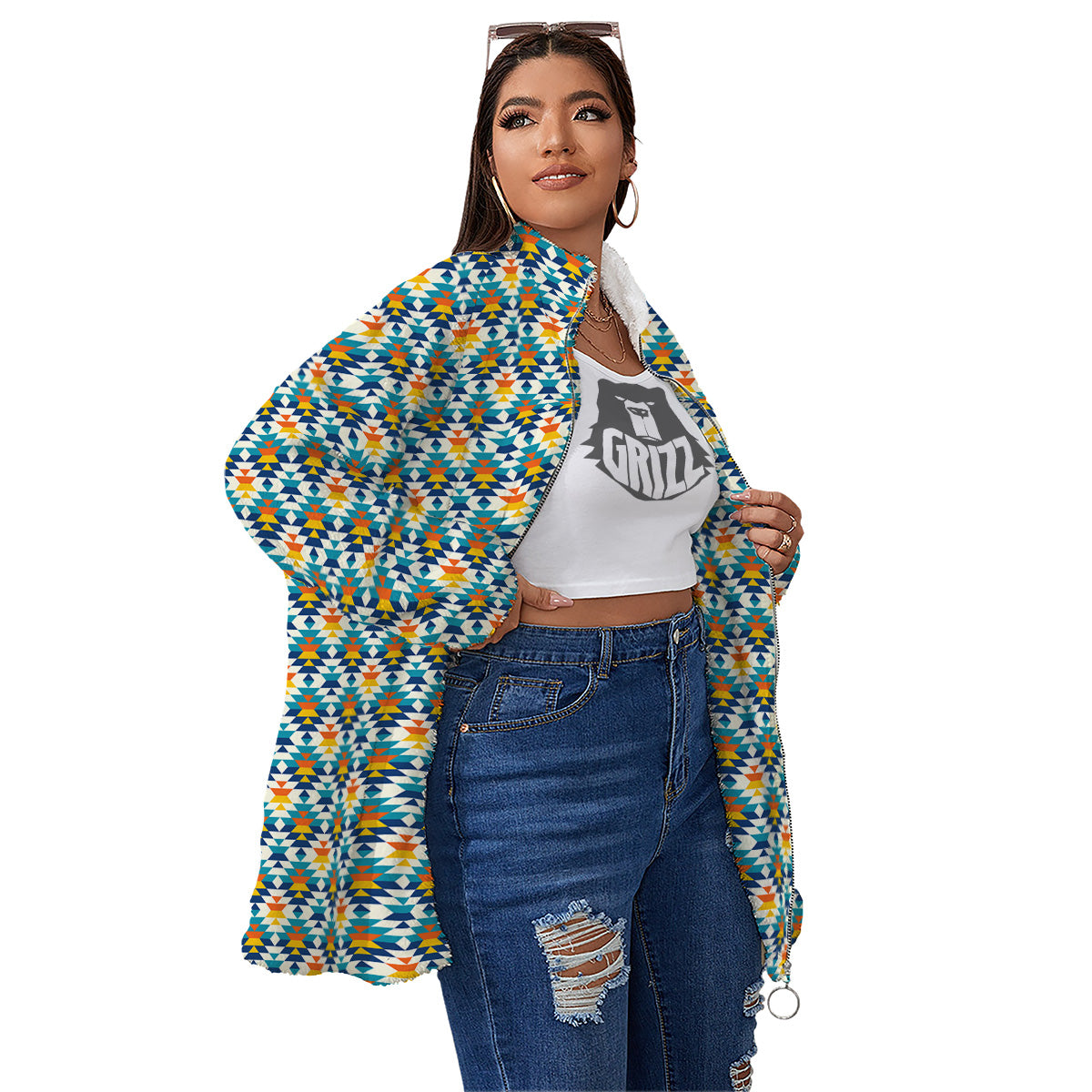 Southwestern Orange And Blue Print Women's Sherpa Jacket-grizzshop