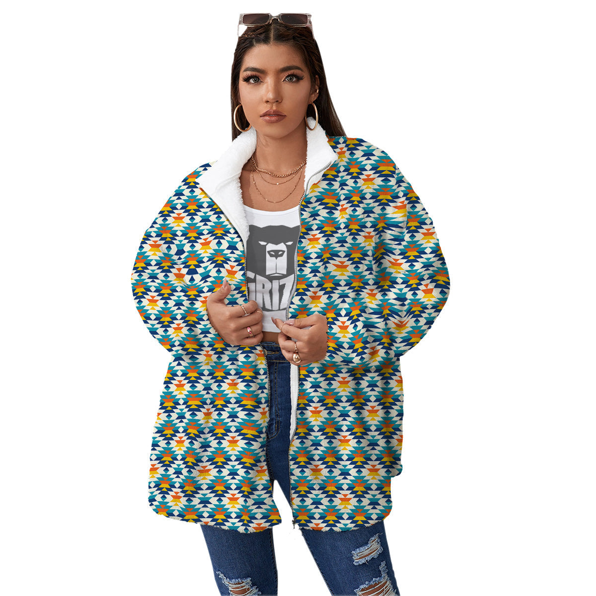 Southwestern Orange And Blue Print Women's Sherpa Jacket-grizzshop