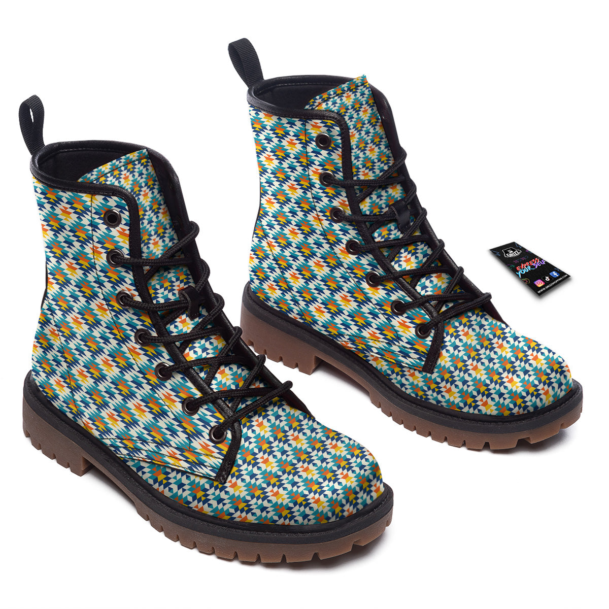 Southwestern Orange And Blue Print Work Boots-grizzshop