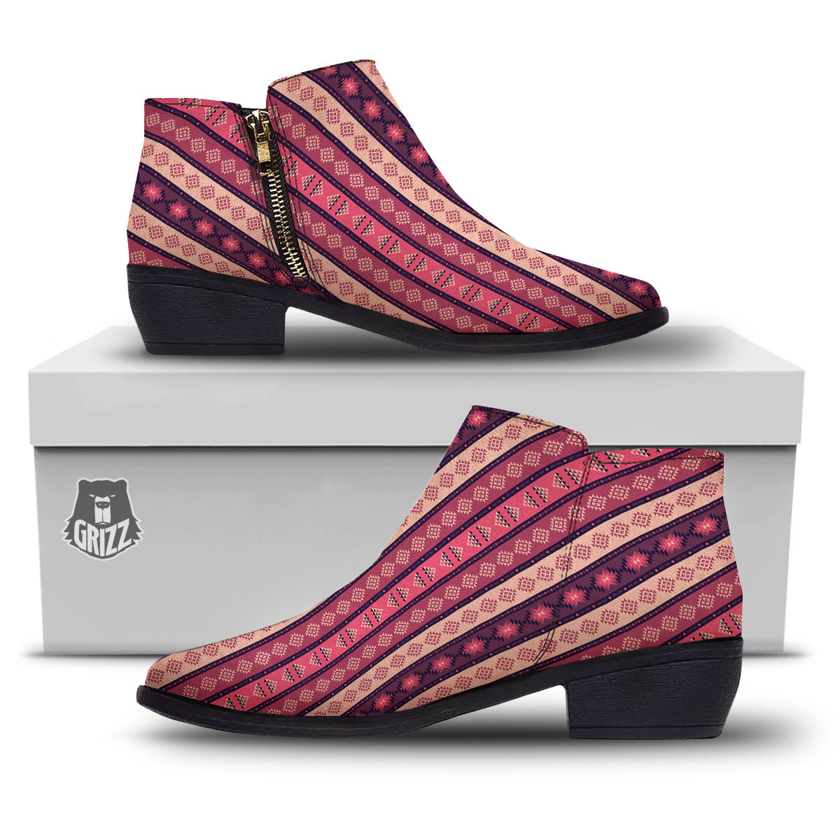 Southwestern Purple And Pink Print Pattern Ankle Boots-grizzshop