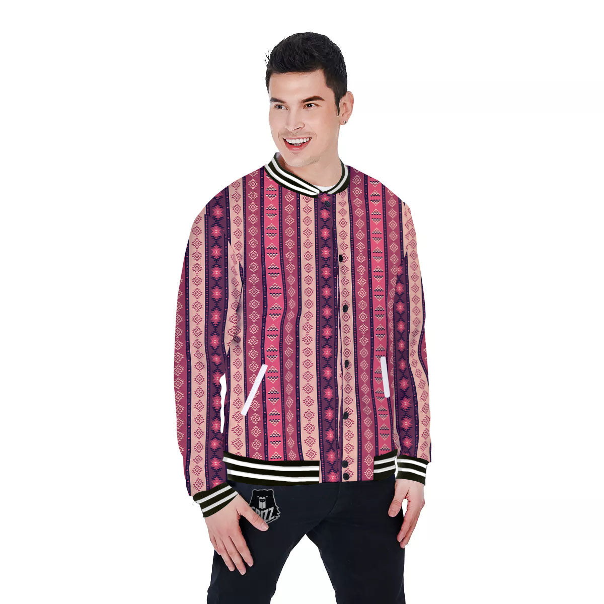 Southwestern Purple And Pink Print Pattern Baseball Jacket-grizzshop
