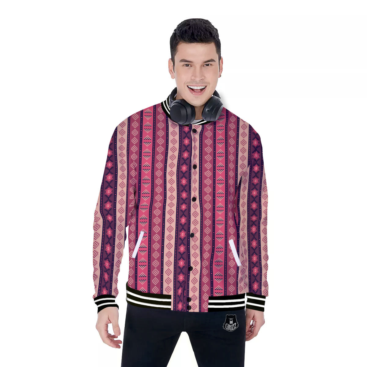 Southwestern Purple And Pink Print Pattern Baseball Jacket-grizzshop