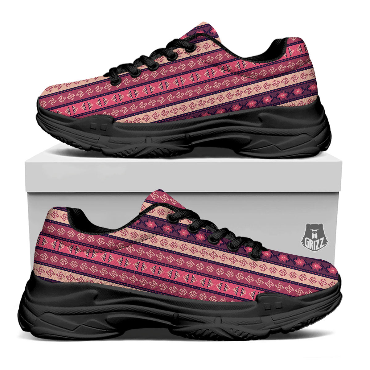 Southwestern Purple And Pink Print Pattern Black Chunky Shoes-grizzshop