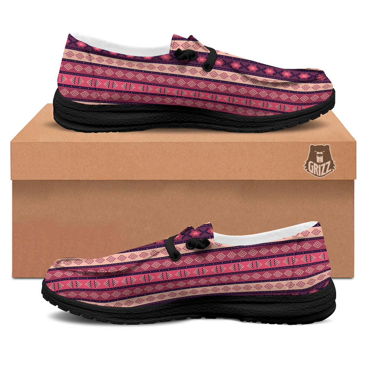 Southwestern Purple And Pink Print Pattern Black Loafers-grizzshop
