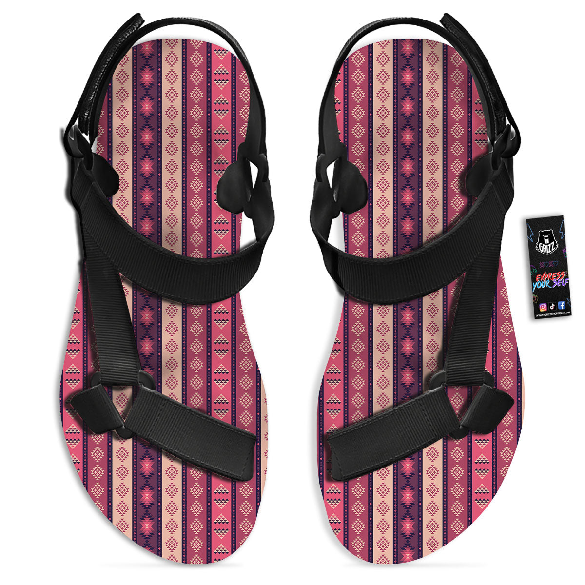 Southwestern Purple And Pink Print Pattern Black Open Toe Sandals-grizzshop