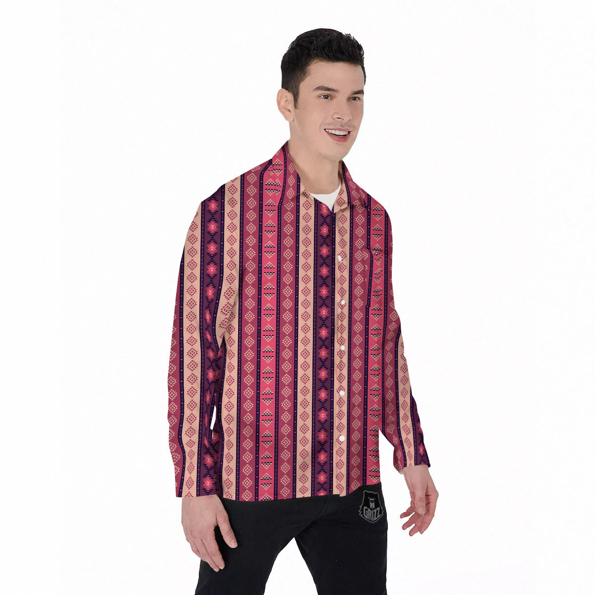 Southwestern Purple And Pink Print Pattern Men's Long Sleeve Shirts-grizzshop