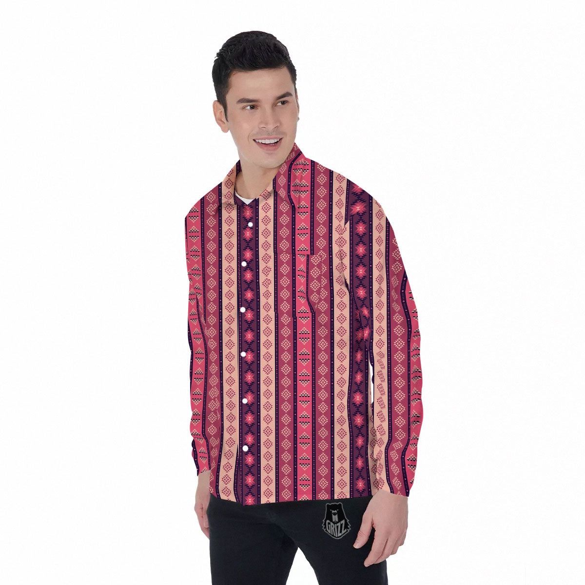 Southwestern Purple And Pink Print Pattern Men's Long Sleeve Shirts-grizzshop