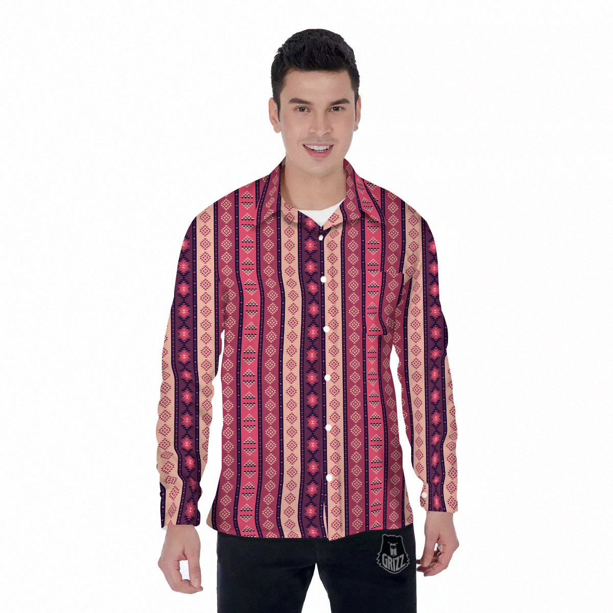 Southwestern Purple And Pink Print Pattern Men's Long Sleeve Shirts-grizzshop