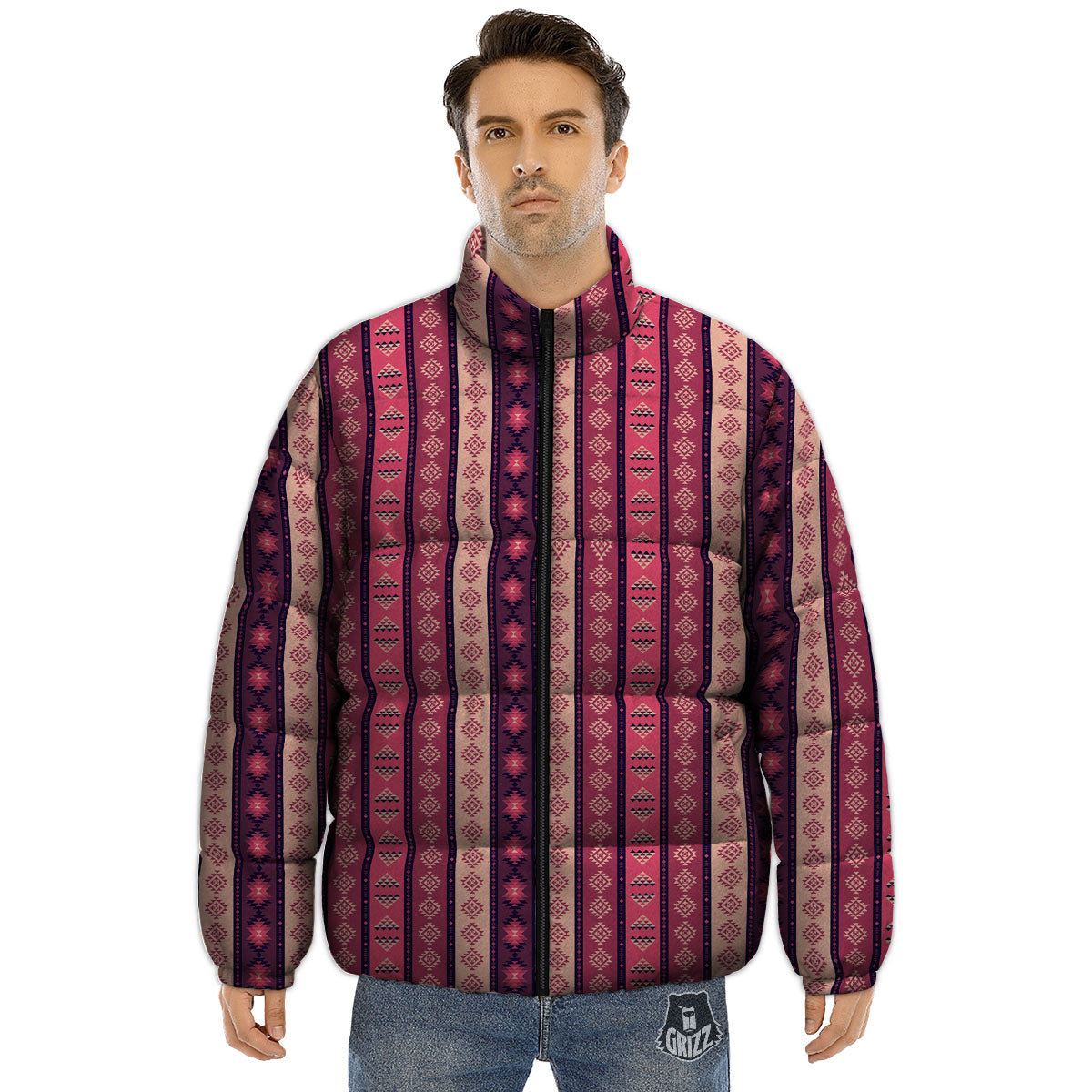 Southwestern Purple And Pink Print Pattern Puffer Jacket-grizzshop