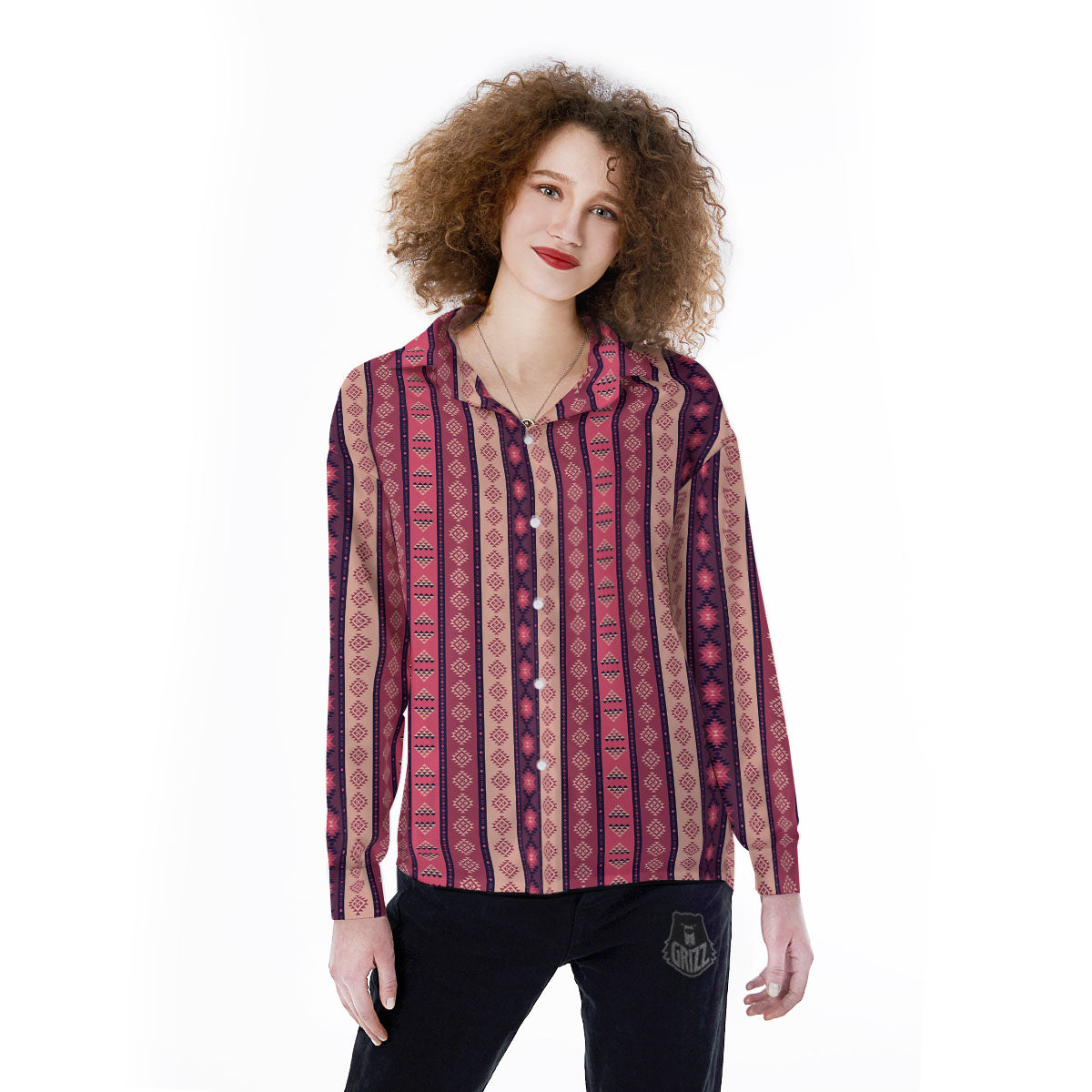 Southwestern Purple And Pink Print Pattern Women's Long Sleeve Shirts-grizzshop