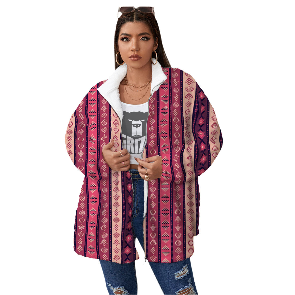 Southwestern Purple And Pink Print Pattern Women's Sherpa Jacket-grizzshop
