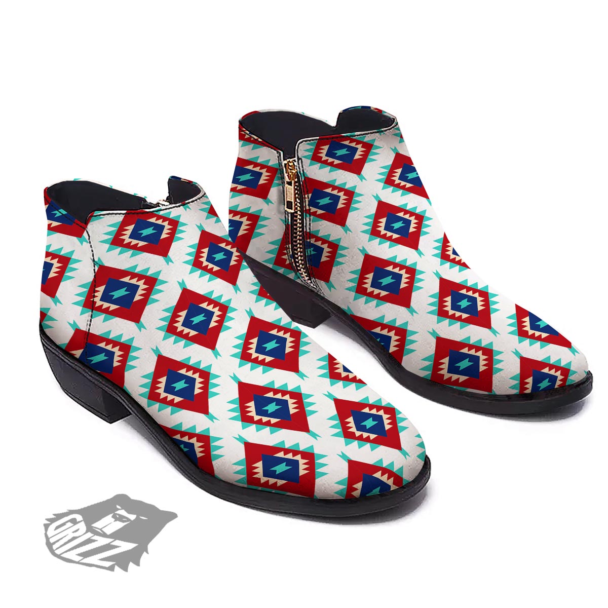 Southwestern Teal And Red Print Pattern Ankle Boots-grizzshop