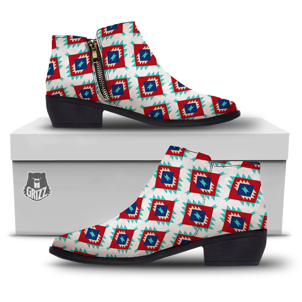 Southwestern Teal And Red Print Pattern Ankle Boots-grizzshop