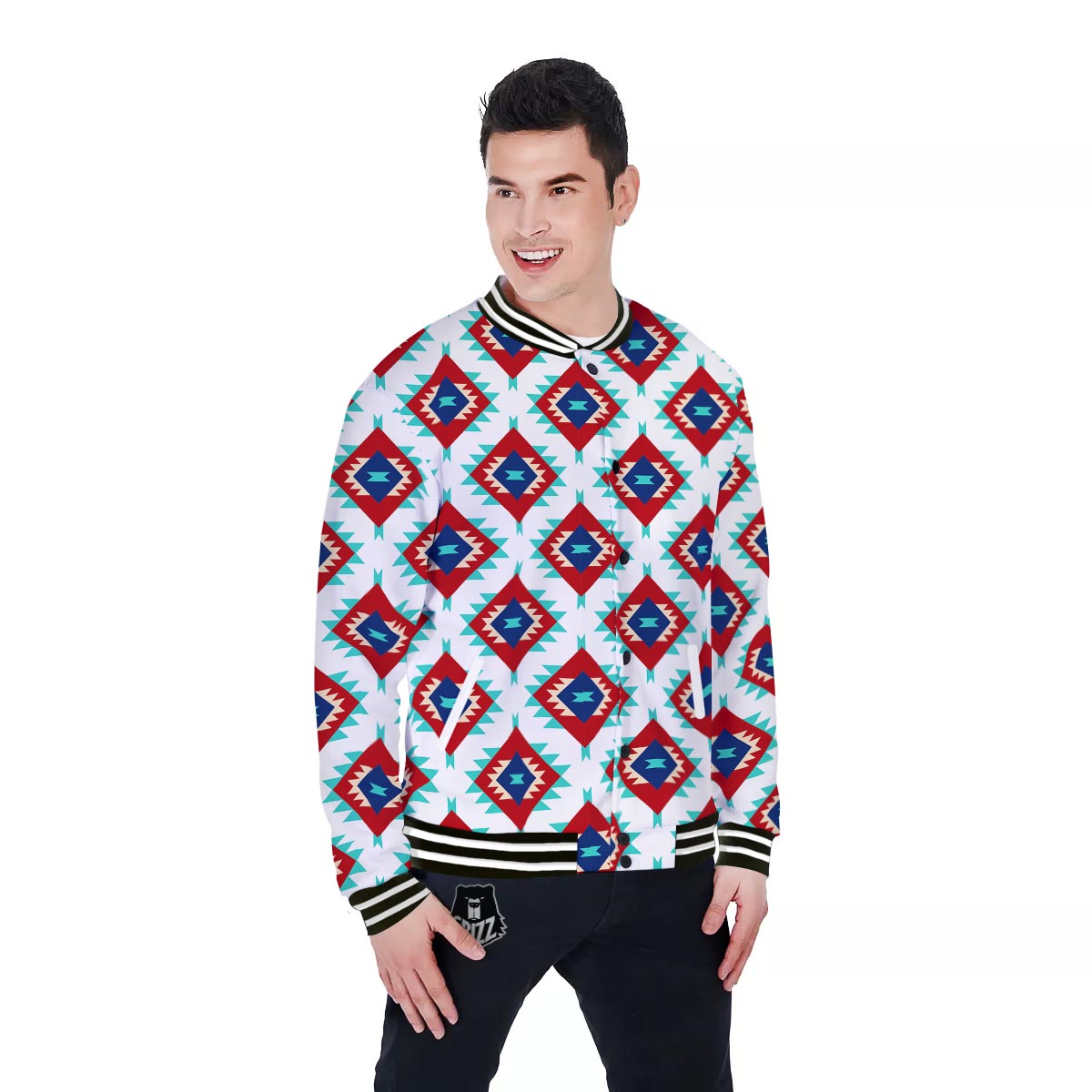 Southwestern Teal And Red Print Pattern Baseball Jacket-grizzshop