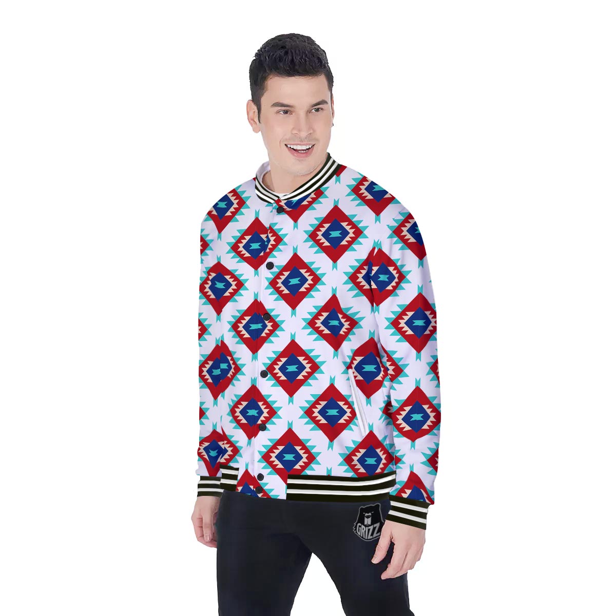 Southwestern Teal And Red Print Pattern Baseball Jacket-grizzshop