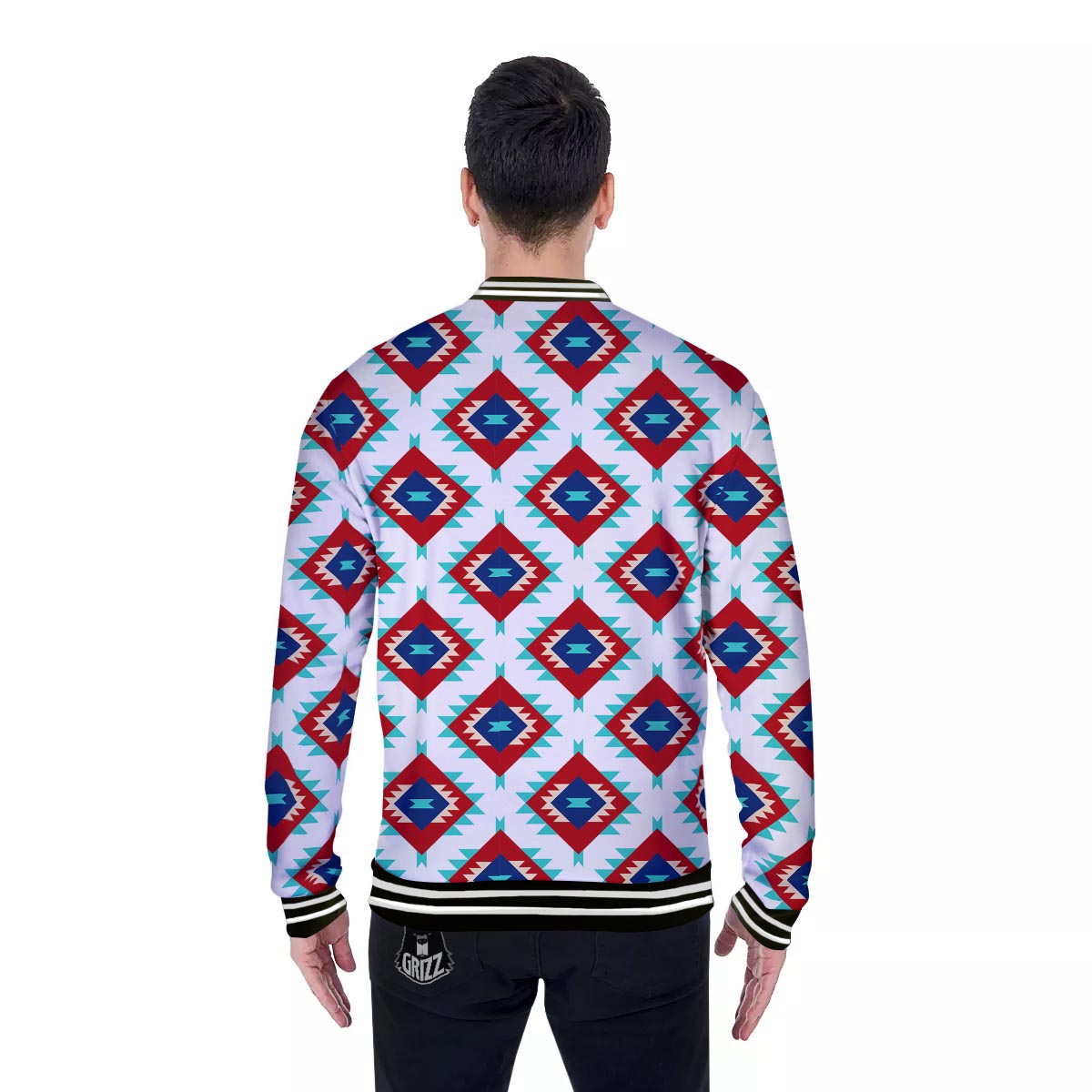 Southwestern Teal And Red Print Pattern Baseball Jacket-grizzshop