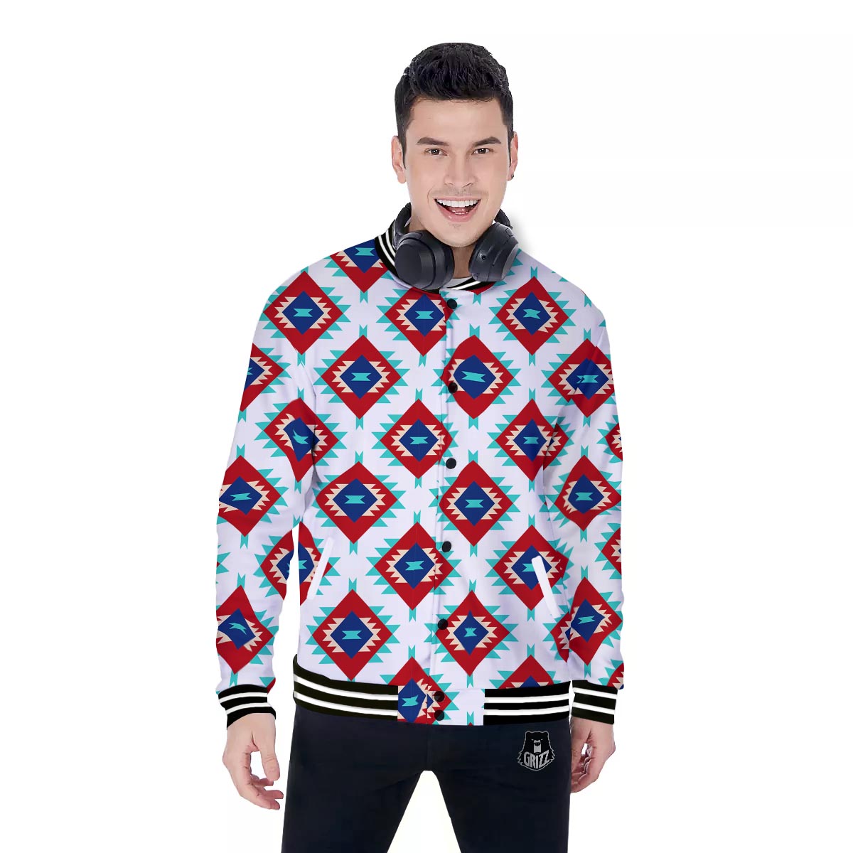 Southwestern Teal And Red Print Pattern Baseball Jacket-grizzshop